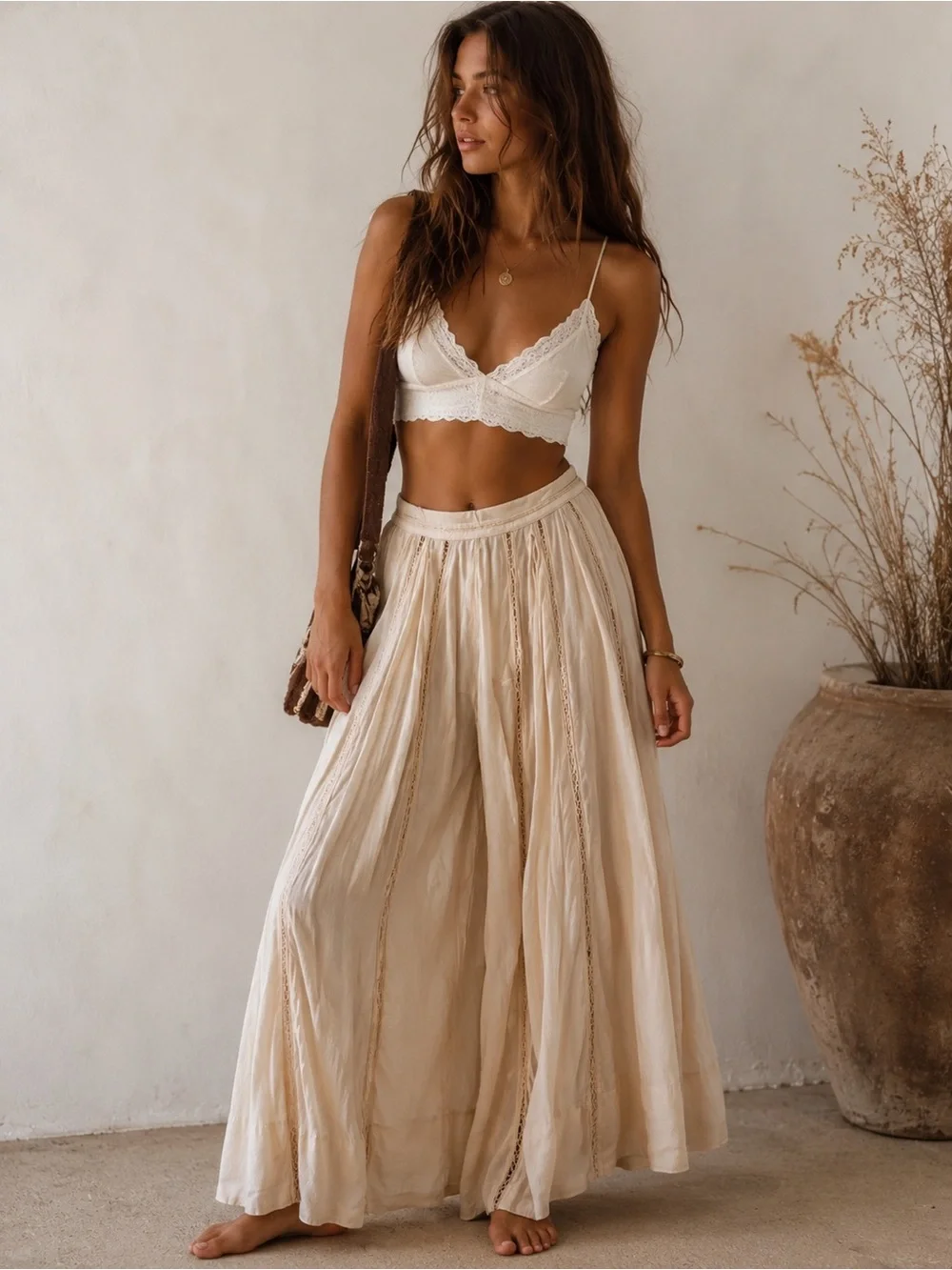 Free People Fun Stuff Trousers Blush Pink Lace Trim Wide Leg Boho Pants